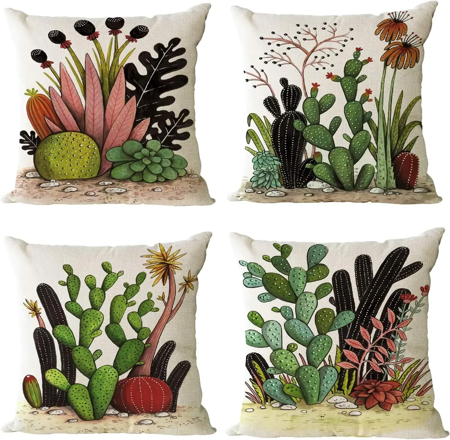 Tropical Plant Cactus Decorative Throw Pillowcase Linen Square Pillowcase Ornament Sofa Home Bed Decoration Cushion Cover