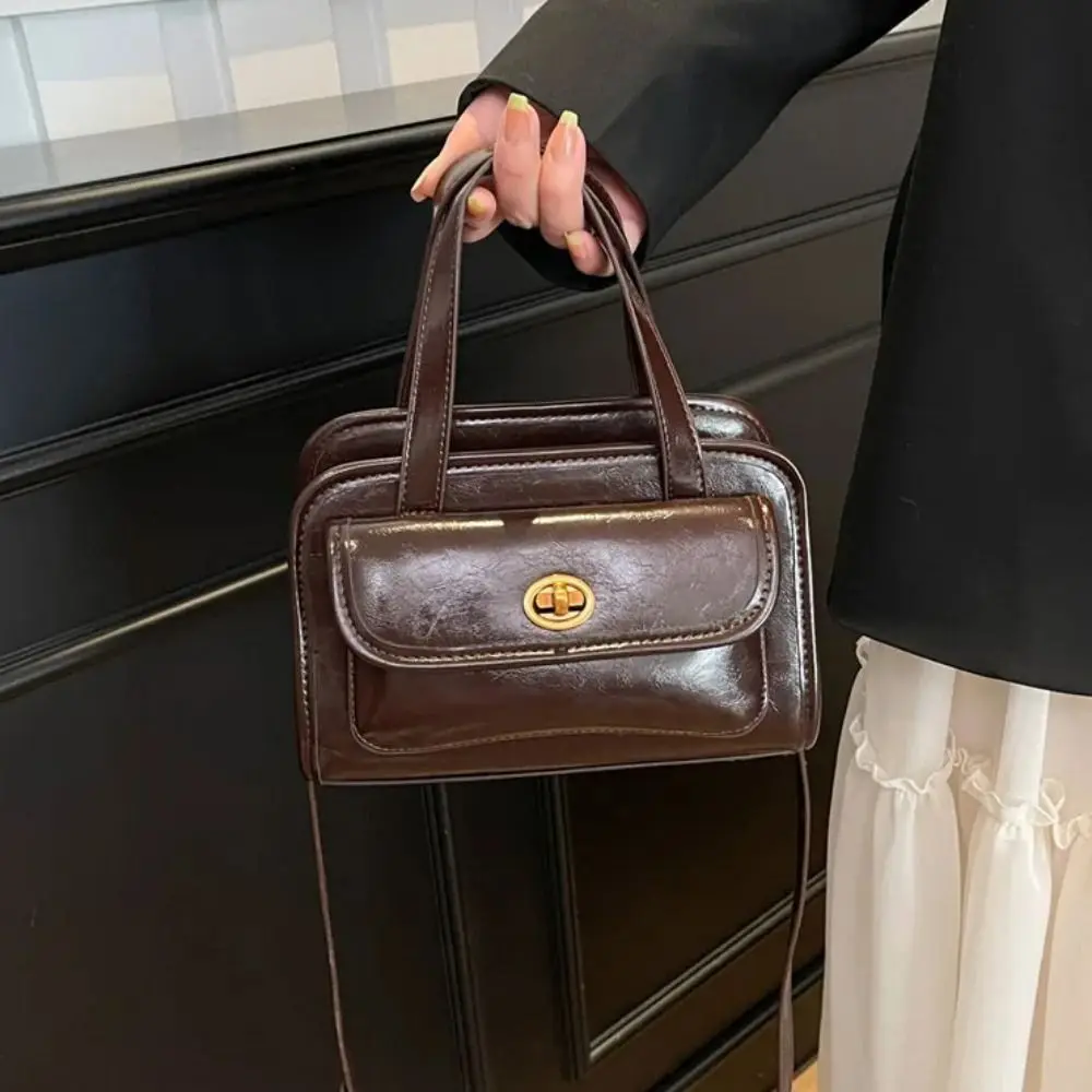 

Simple Korean Style PU Bowling Bag Handbag Solid Color Pocket Boston Tote Bag French Style Minority Design Underarm Bag Travel