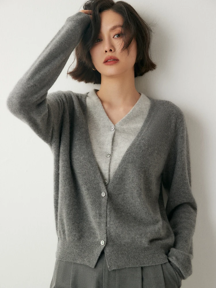

Women's V-neck 100% Cashmere Cardigan Fake Two Sweaters Color Blocked Autumn Winter Office Lady Long Sleeve Knitted Clothing Top