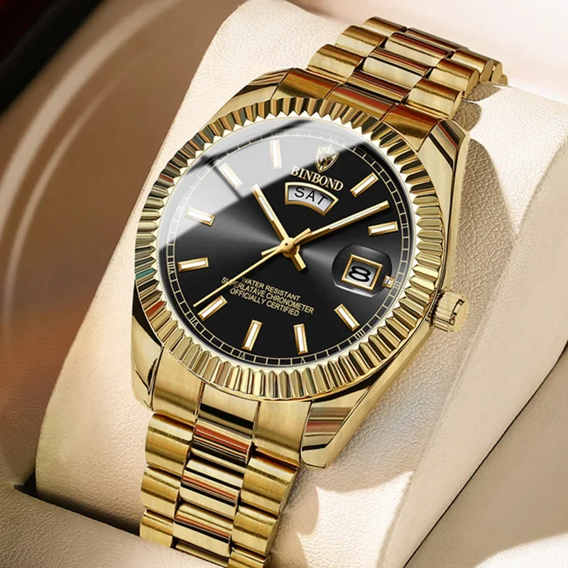 Reloj de cuarzo chapado en oro de 18k para hombre, cronógrafo de marca superior con fecha, correa de acero para ocio y negocios,