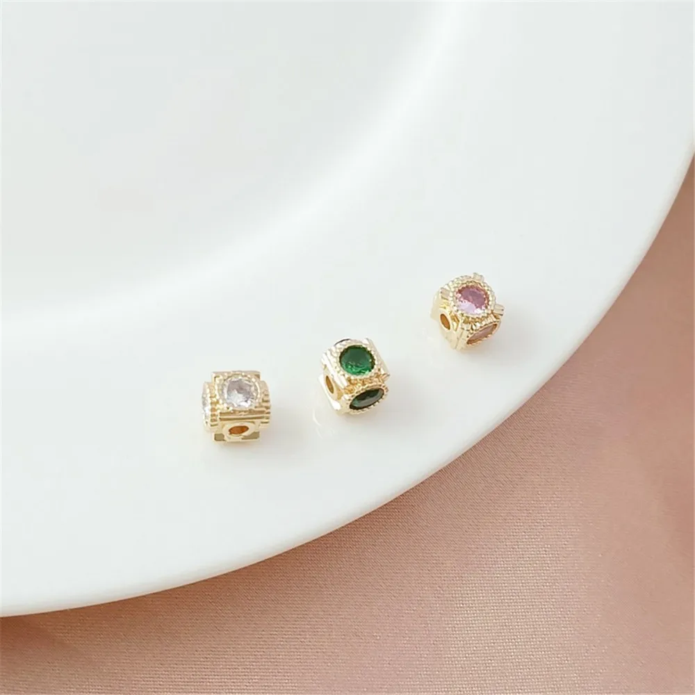 14K Gold-plated Zirconium Square Through-hole Spacer Beads Handmade DIY Bracelet Square Bead Threading Bead Matching Materials