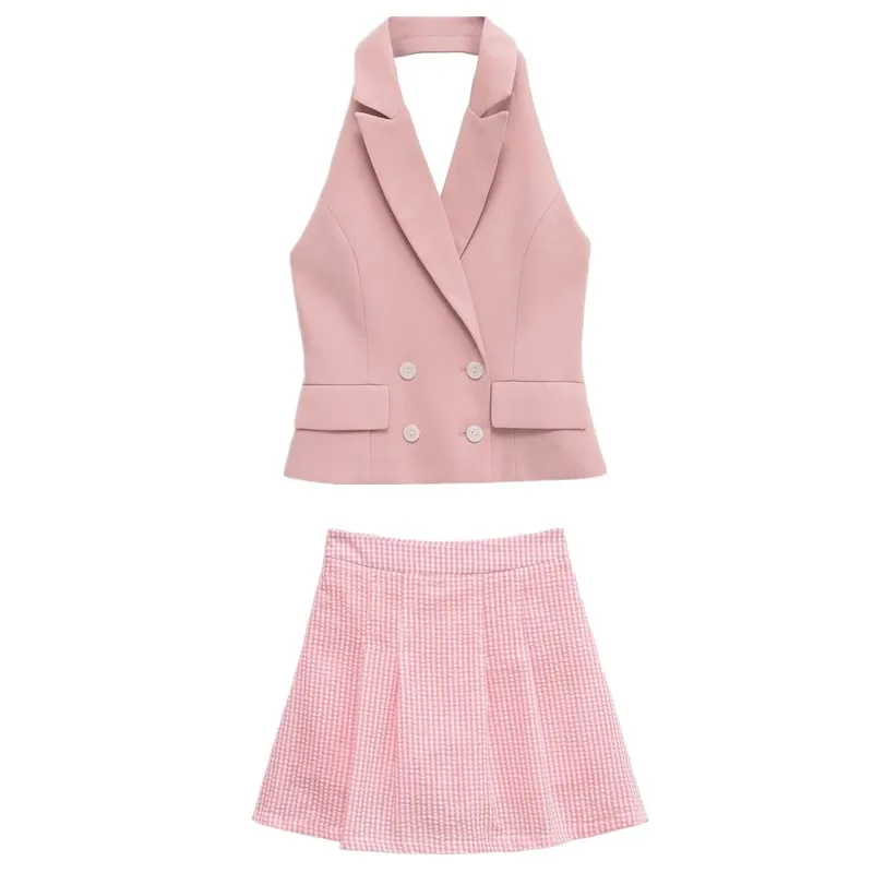 Conjunto de Verano 2025 para Mujer, Ceco Corto de Moda con Cuello Cruzado y Diseño Cole, Falda Midi con Cierre de Boto...
