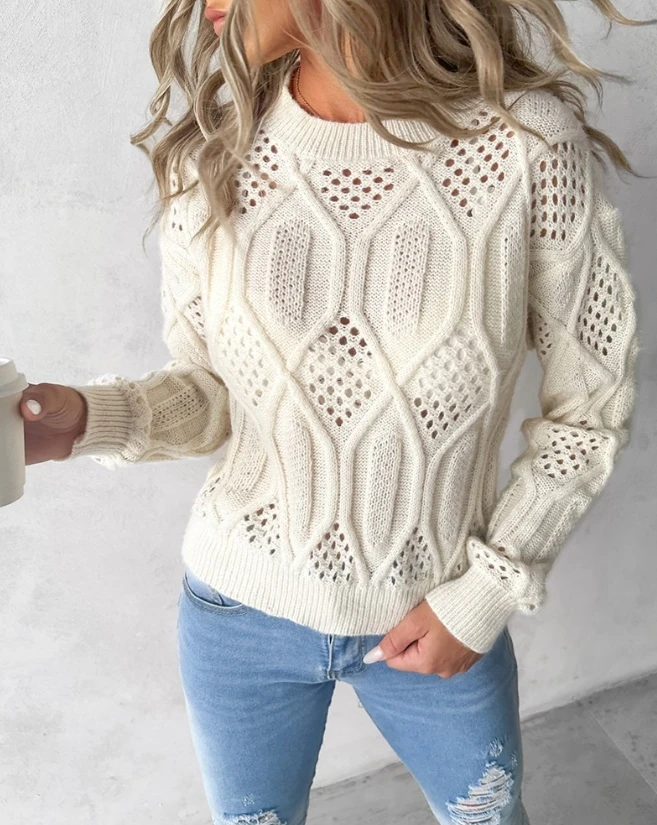 

Women's Sweater Autumn Fashion Mock Neck Hollow-Out Casual Plain Long Sleeve Daily Pullover Knit Sweater