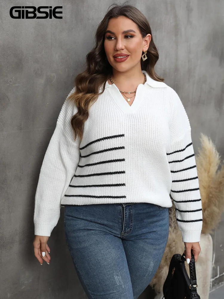 Gibsie Plus Size Gestreepte Gebreide Trui Trui Dames 2023 Herfst Winter Casual Lange Mouw Zwart Wit Truien