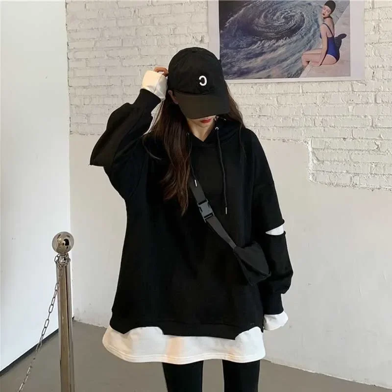 

Spring New Lazy Style Fake Two Piece Tops Hoodies Loose Patchwork Pullovers Casual Fashion Women Clothing Korean Y2k