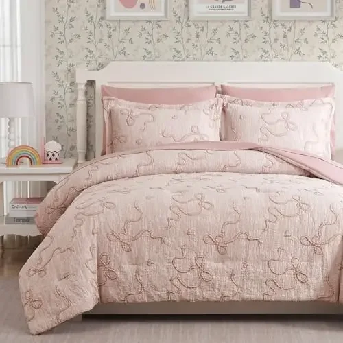 Pink Full Comforter Set for Girls- 7 Pieces Bowknot Jacquard Bed in A Bag Full Bedding Sets with Sheets, Pillowcases &