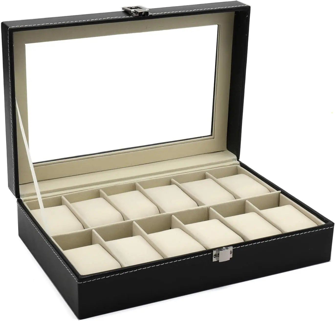 Caja de reloj de cuero con 12 ranuras con tapa de vidrio y almohada extraíble para relojes y joyas para hombres y mujeres
