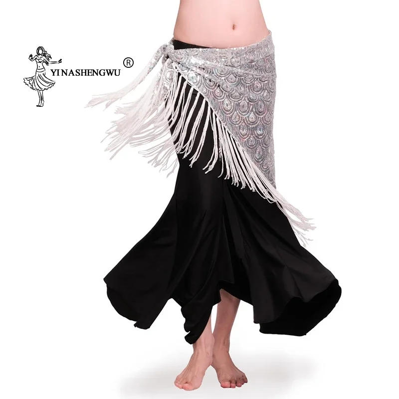 4 cores feminino dança do ventre traje acessórios cinto hip cachecol lantejoulas borla adulto dança do ventre longo quadril cachecol cintura envoltório saia nova
