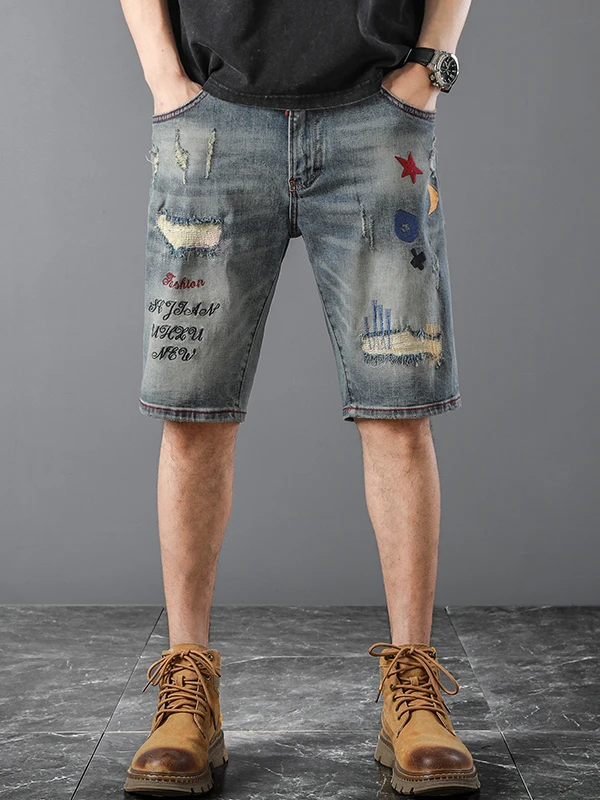 

Мужские джинсы в стиле ретро, европейский стиль, из хлопка с эластаном, с вышивкой и нашивками, прямого кроя, повседневные летние брюки