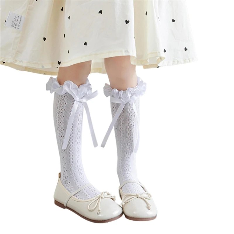 Kneehigh Socks Ruffle Lace Bowknot MidCalf Socks Kids Girl Spring Stretchy Socks for Little Girl School Uniform Socks