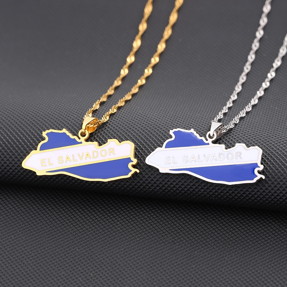 SONYA Enamel Drop Oil El Salvador Map Flag Pendant Necklace For Women Girls Stainless Steel Jewelry Ethnic Birthday Party Gifts