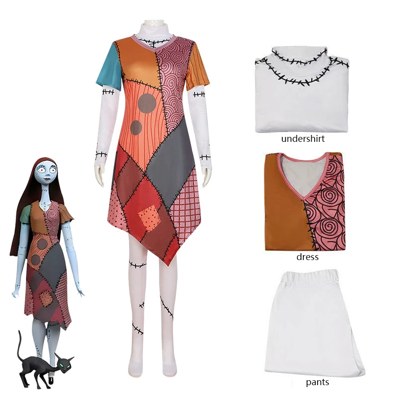 The Nightmare Before Christmas Sally Cosplay-Kostüm, Patchwork-Kleid für Halloween, Comic-Con, Horror-Cosplay-Outfit