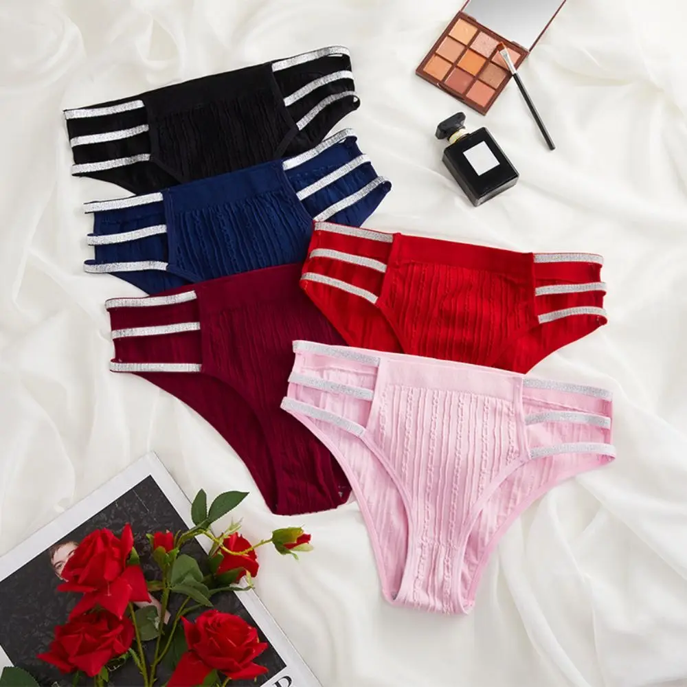 

Breathable Mid-waist Silver Thin Belt Panties Cotton Crotch Underwear Hollow Out Thong Underpants Stripe Women's Briefs Lingerie