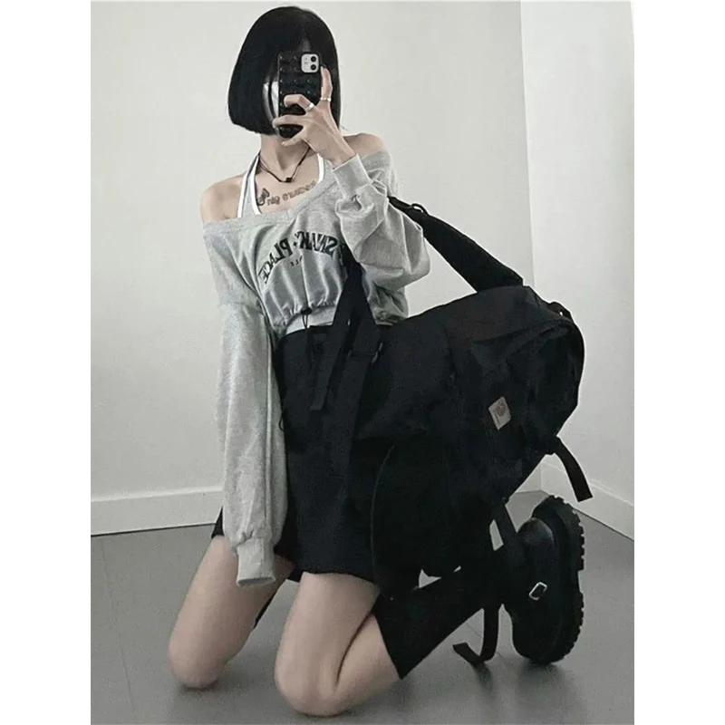 MEXZT Streetwear Crop Sweatshirts Women Harajuku Halter Camis Letter Print V Neck Pullover Y2K Two Piece Set Korean Hoodies Tops