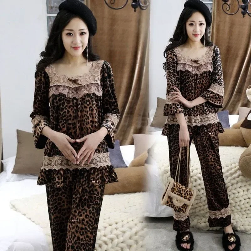 Autumn Winter Style Lace Nine-quarter Sleeve Top Wide Leg Pant Loungewear Homedress Leopard Print Canary Velvet Pajama Set Women