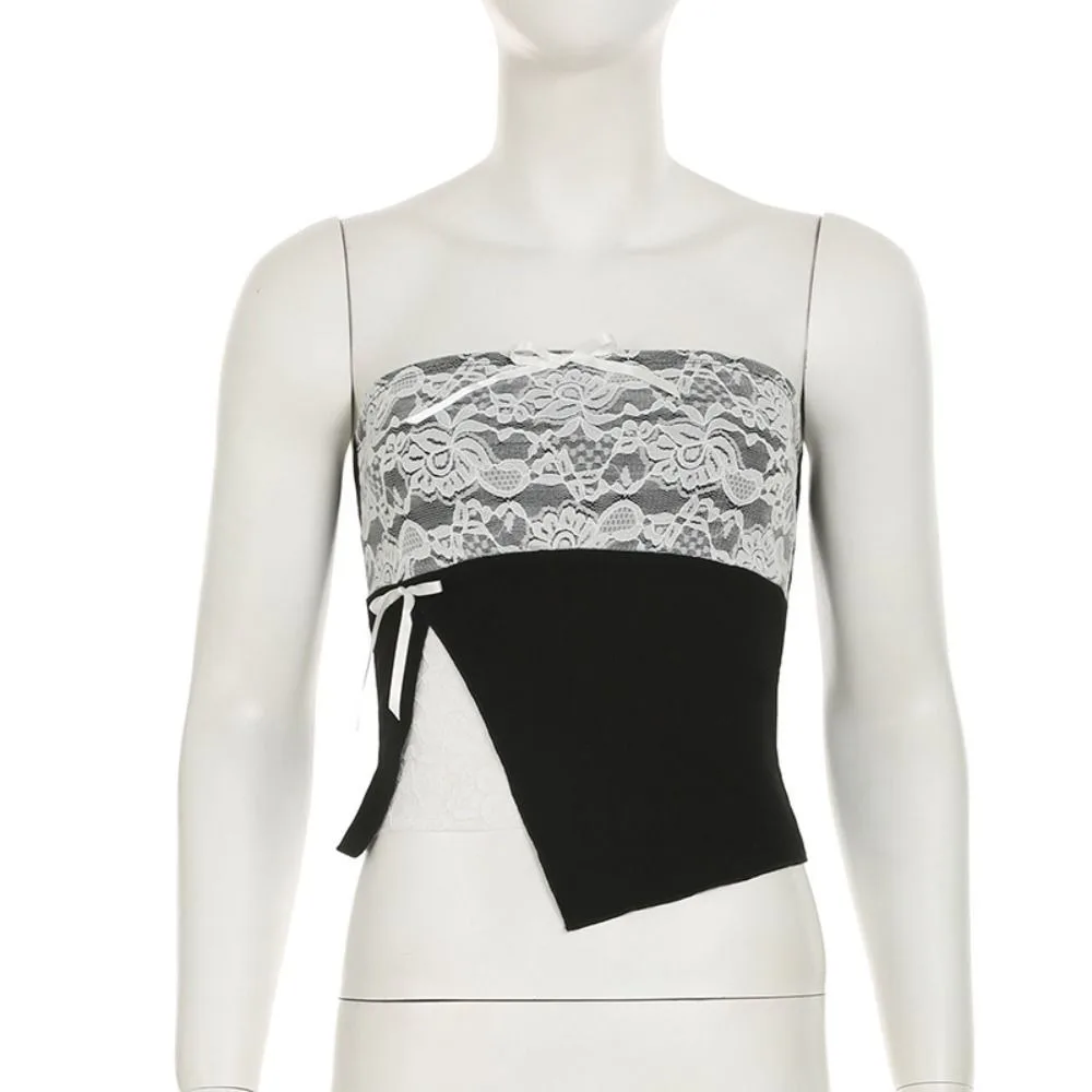 

Elastic Slim Fit Lace Tube Tops Mesh Flower Bow Sleeveless Crop Top Fake Two Pieces Chic Women Camisole Streetwear