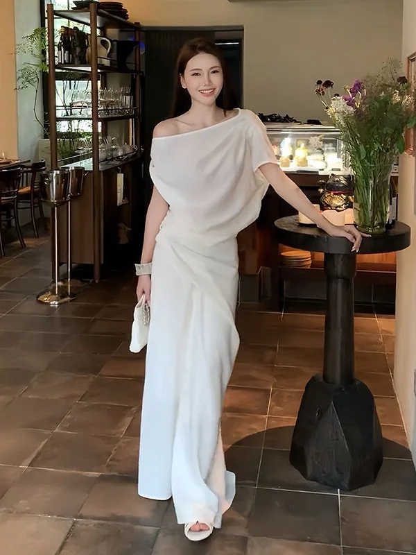 

Fashionable High Waist Midi Skirt And Top Set Women's Summer Lazy Style Shoulder Bared High Waist Slimming Half-length Skirt