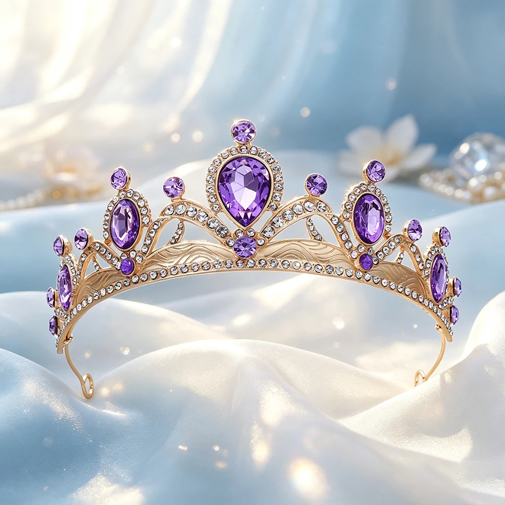 1pc Gold Sapphire Tiara Crown Rhinestone Bridal Wedding Headpiece Elegant Pageant Prom Party Hair Jewelry Accessories for Women view 6