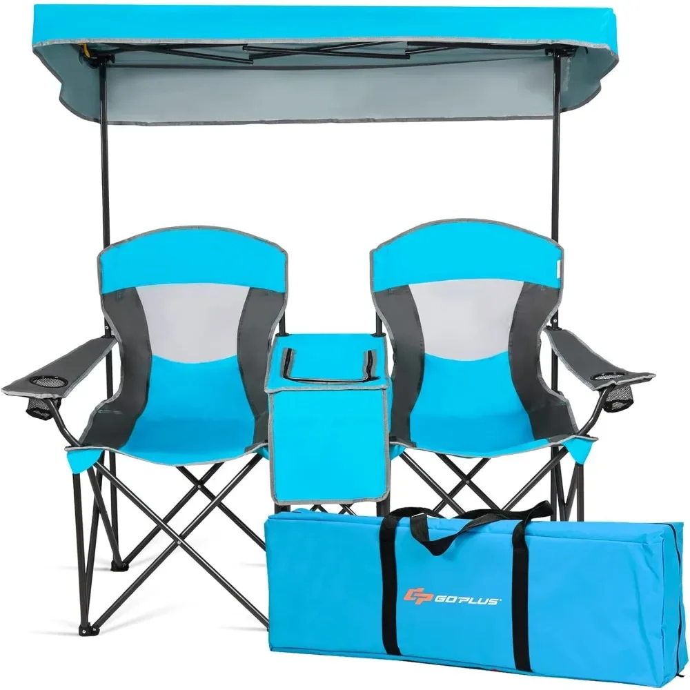 

"Double Beach Chair with Canopy Shade – Foldable Camping Lounge for Lawn, Sunshade & Mini Table with Cup Holder"