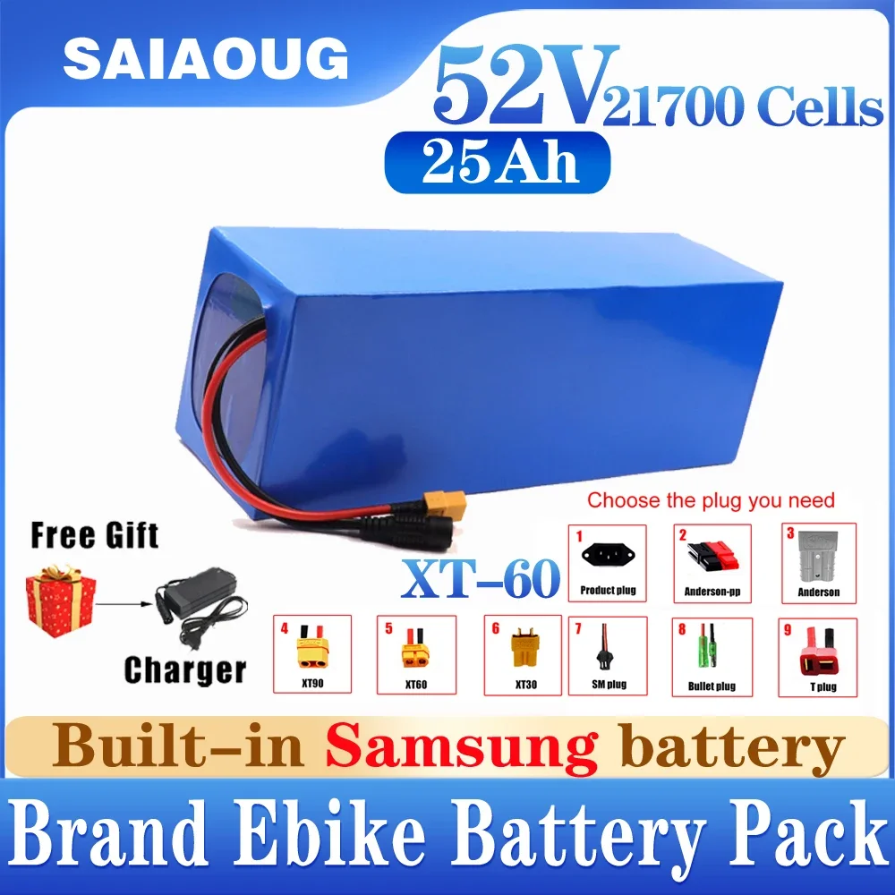 

SAIAOUG21700 52V 25Ah Ebike Electric Bike Accu Akku Brand Lithium Battery Pack Powerful BMS+Charger 250w 500w 1000W 2000W bafang