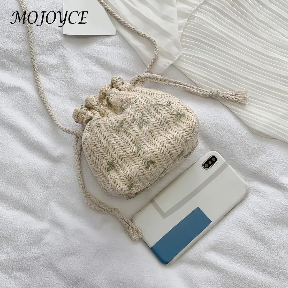 Summer Small Shoulder Bags Women Beach Straw Woven Lace Flower Embroidery Bags Ladies Drawstring Crossbody Handbags for Travel