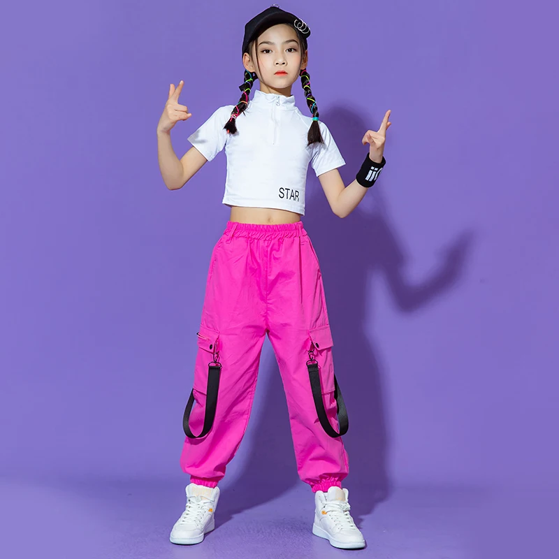 T Shirt Crop Top Streetwear Pink Cargo Jogger Pants For Girl Jazz Dance Costume abbigliamento Kids Kpop Hip Hop Dancing Clothing