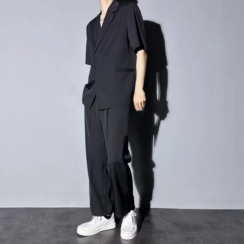 Men Summer 2PCS Business Casual Suit Comfort Ice Silk Simple Short Sleeve Blazer Coat + Long Pants Formal Daily Two Piece Outfit