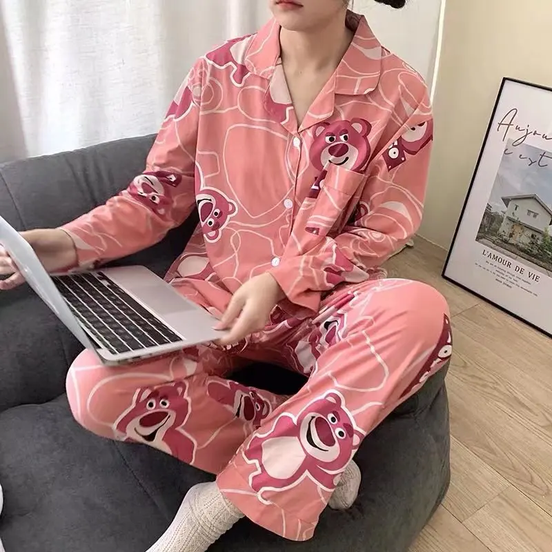 Disney cartoon strawberry bear print spring autumn pajamas cartoon Women long-sleeved trousers cardigan cute home clothes suit