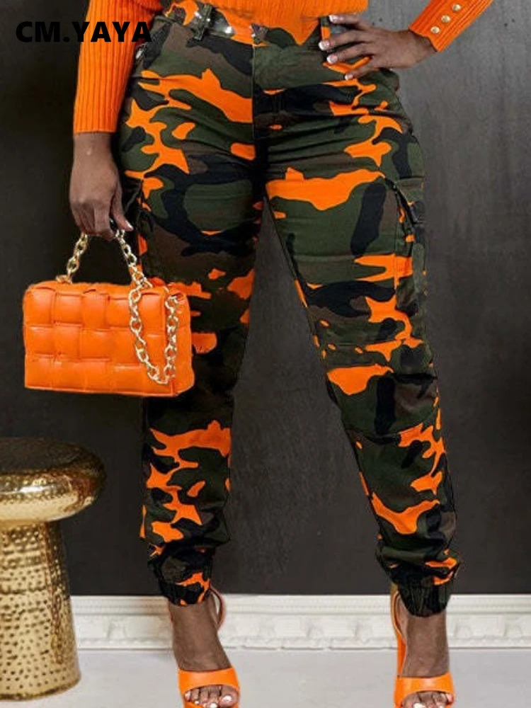 CM.YAYA Women’s Camouflage Printed Slim Cargo Pants 2024 Spring/Summer Pocket Jogger Street Fashion Safari Trousers