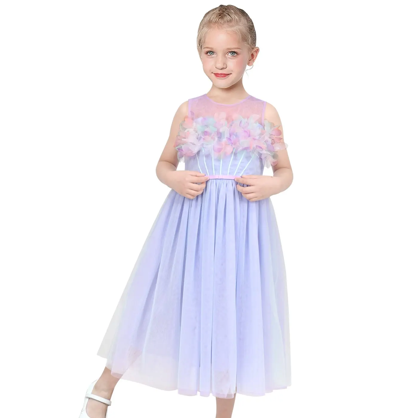 Girls Dress Purple Gradient Floral 3D Mesh Pleated Tulle Pageant Party