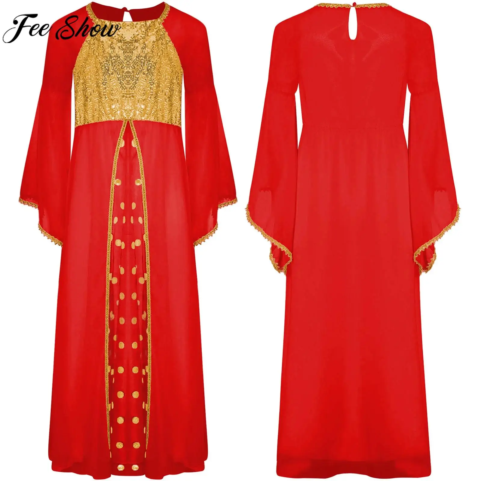

Teen Girls Halloween Angel Goddesses Cosplay Costume Flare Sleeve Gold Trim Flowy Chiffon Robe Dress for Church Choir Worship