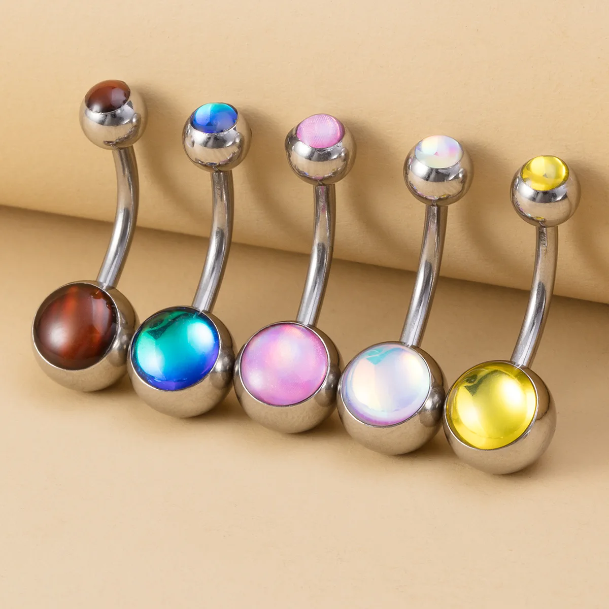 Stainless steel navel nail double ball reflective color change drop oil navel ring piercing jewelry