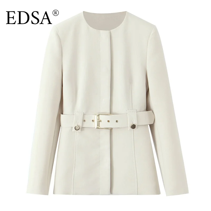 

EDSA Women Beige Fitted Blazer Jacket with Belt Shoulder Pads for Office Lady Long Sleeves O-neck Snap-button Female Coat