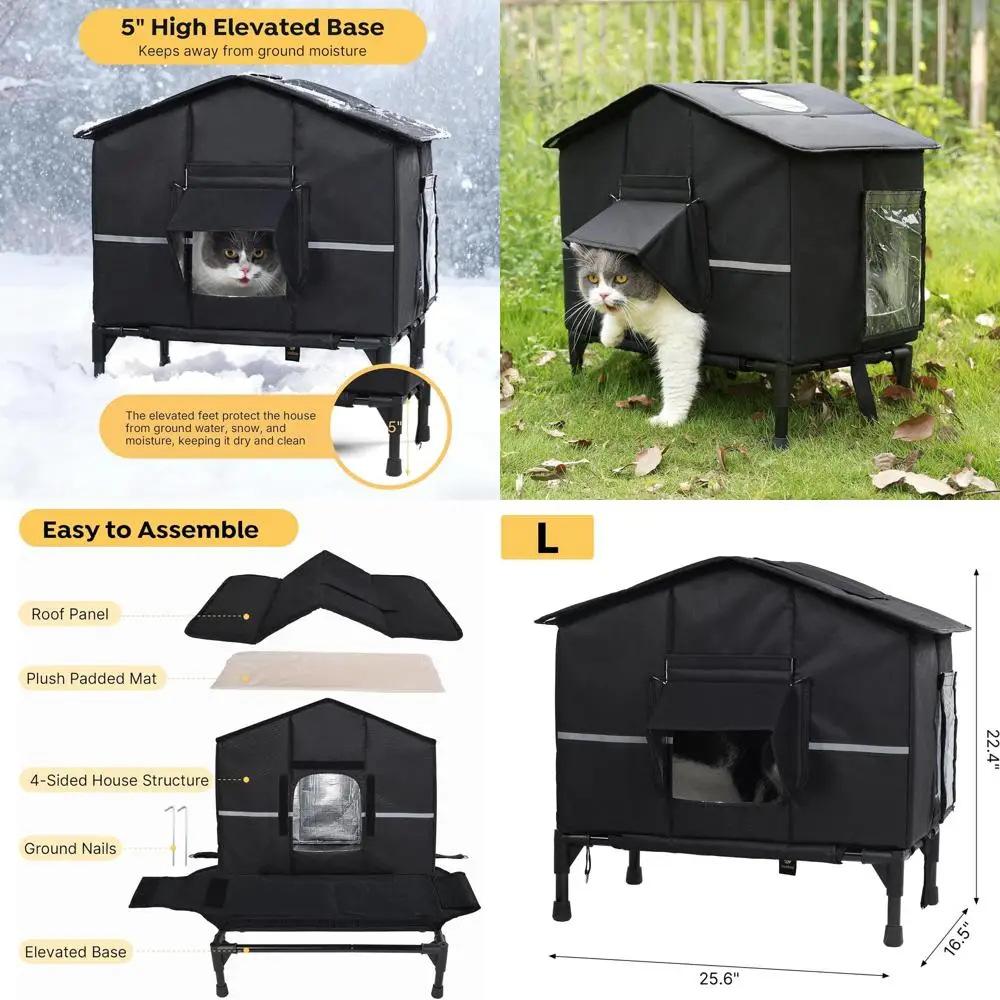 

Weatherproof Insulated Outdoor Cat Shelter with Elevated Base, Waterproof Eaves & Escape Door for Stray Cats, 25.6x16.5x22.4