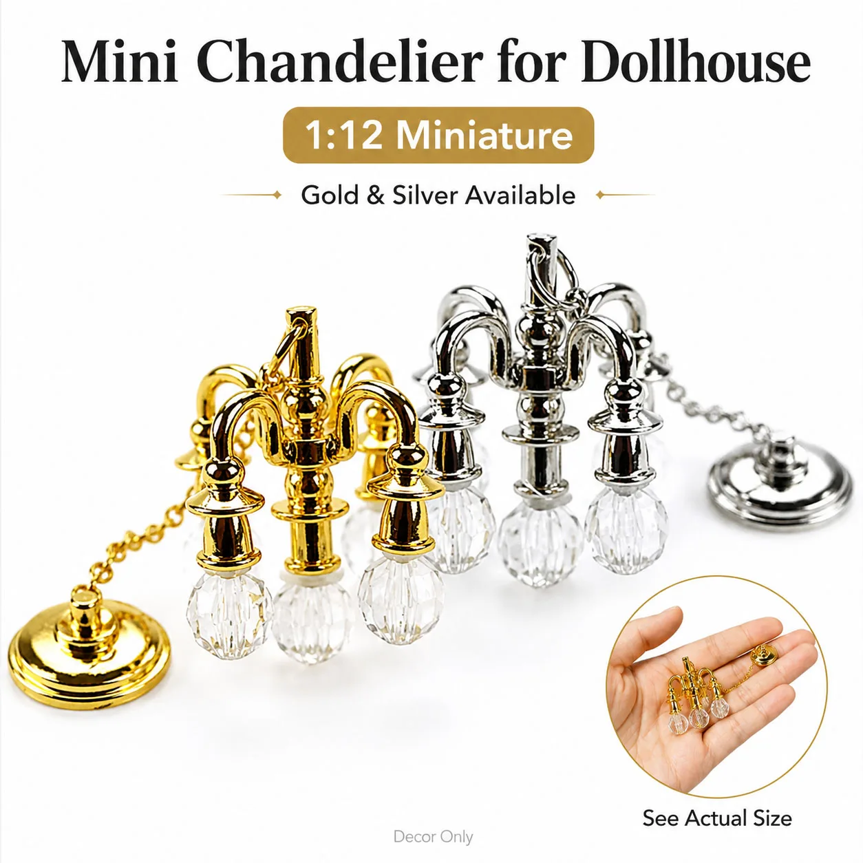 1:12 Dollhouse Mini Chandelier, Gold Silver Miniature Hanging Lamp Decor, Crystal Pendant Ceiling Light Accessory, Decor Only
