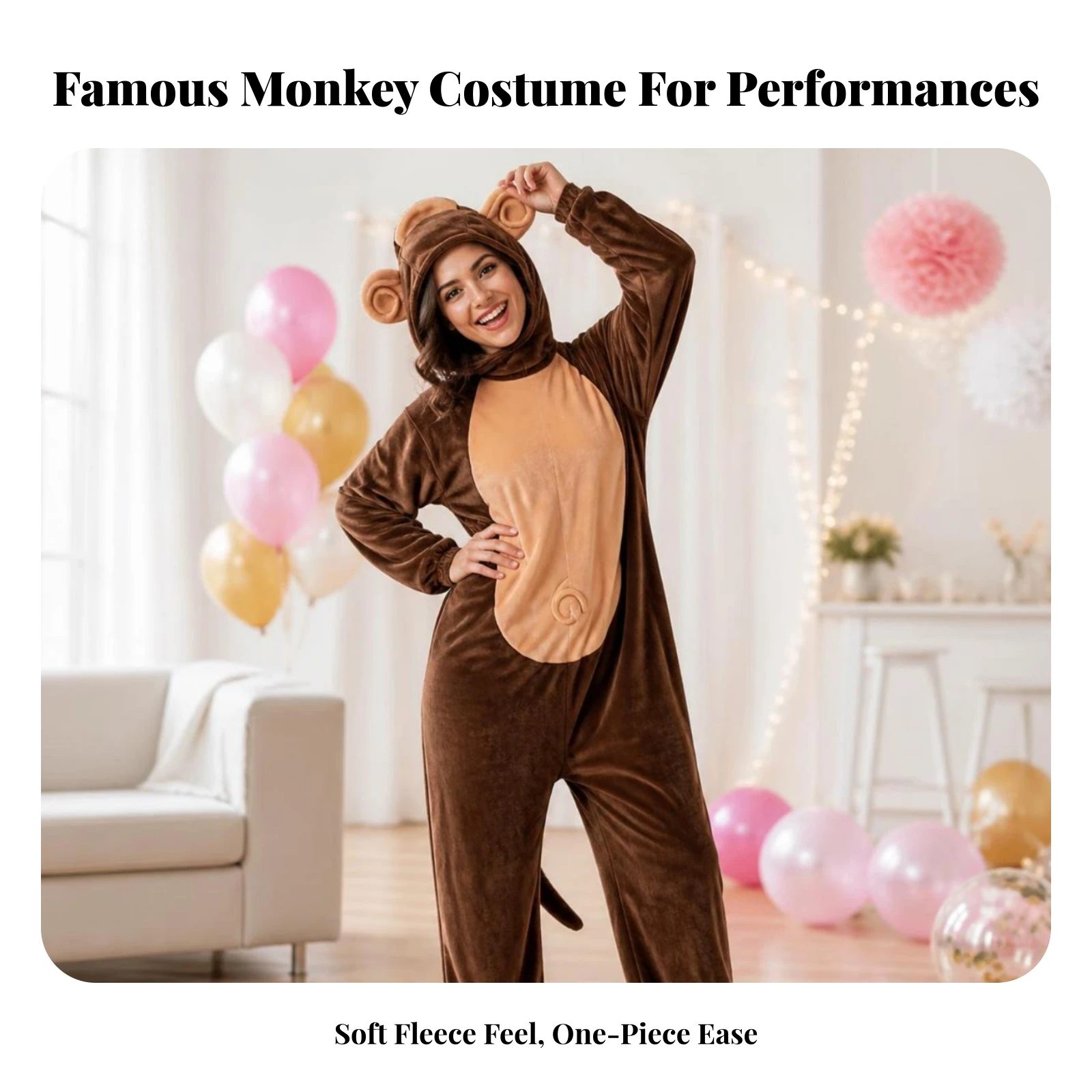 Monkey Costume One-Piece Monkey Costume with Hood Animal Jumpsuit Soft Apparel Comfortable for Adults, Halloween