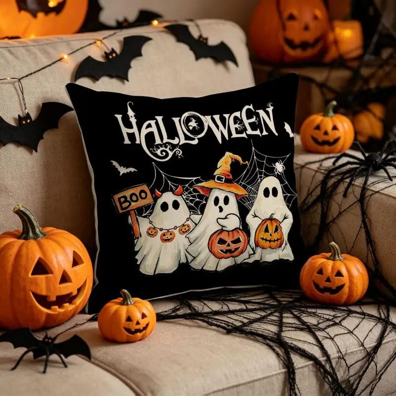 2 Stück Halloween Kürbis-Geist Auto-Print Kissenbezüge aus Polyester für Wohnzimmer-Sofa-Dekoration, Zierkissenbezüge – Detail 6