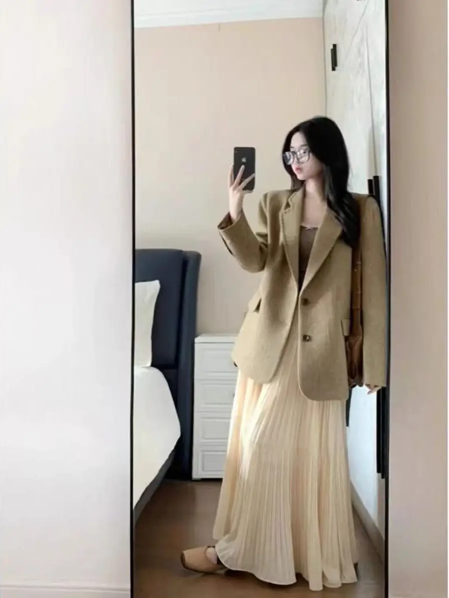 

Khaki Woolen Suit Jaet Women's Korean Sle Slimming Personali West Clothes Top Early Autumn Clete Set Commute Wind