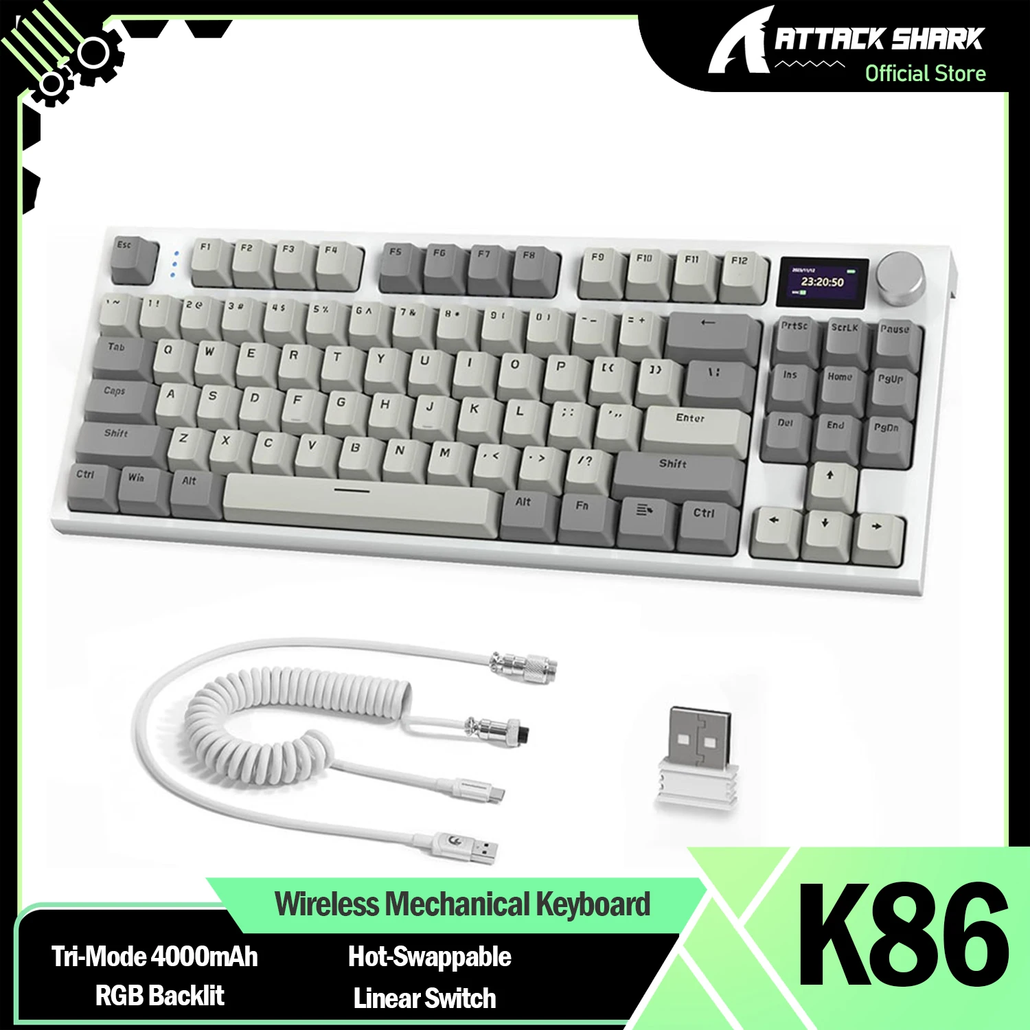 

Механическая клавиатура ATTACK SHARK K86 Pro 75%, цветной дисплей TFT HD с диагональю 1,2-дюймовый ручка с ЧПУ, линейный переключатель с возможностью горячей замены TTC с подсветкой RGB