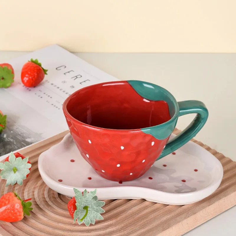 

Strawberry Mug Office Creative Ceramic Cup Home Breakfast Plate Coffee Large Capacity Cup Hand-painted Set Gift