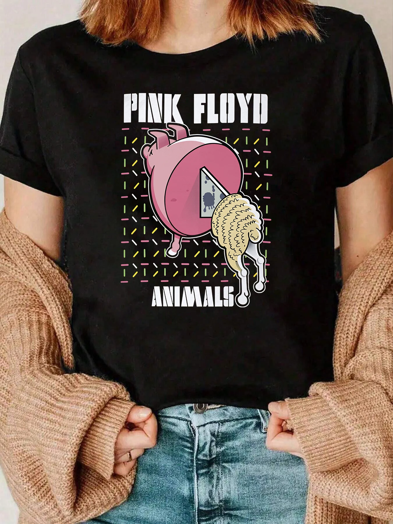 Pink Floyd Animals Print T-Shirt Musik Festival Freizeitkleidung Damen 220g