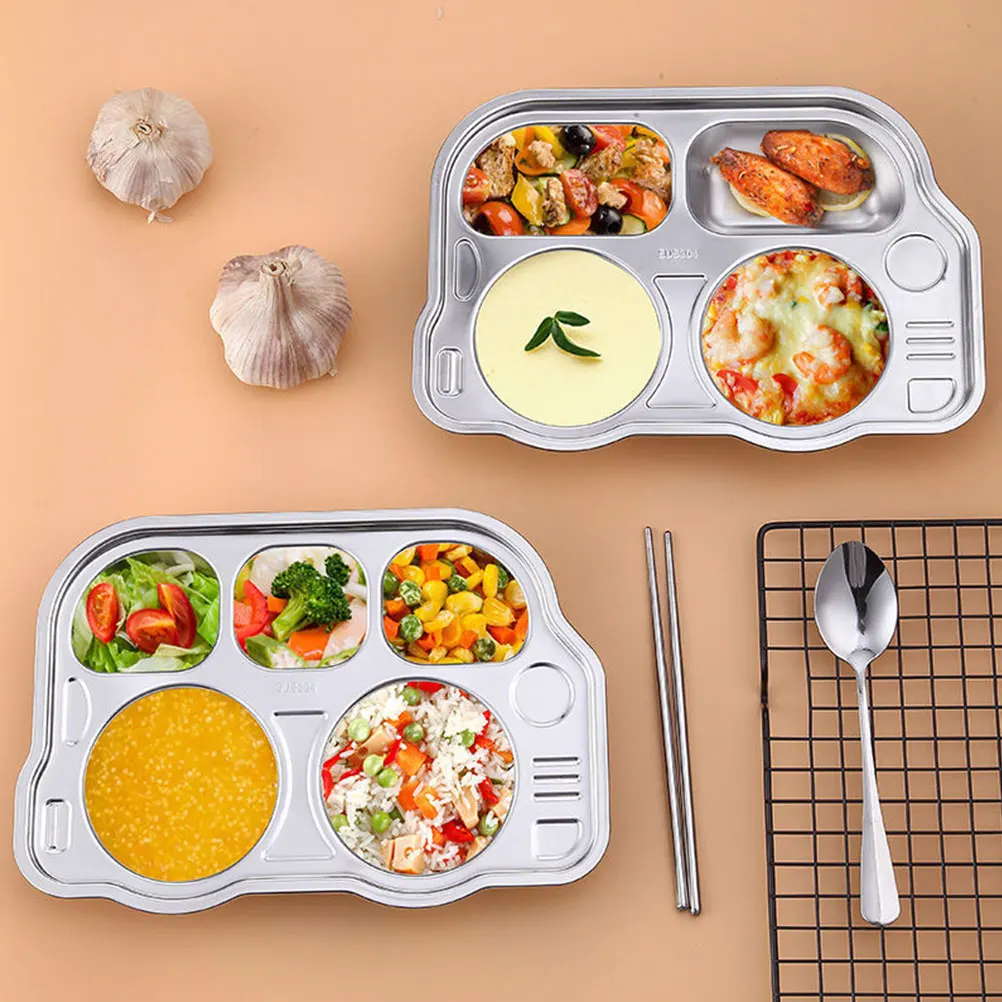 

Stainless Steel Divided Plates Breakfast Tray Cartoon Food Snack Dinner Plates Household Serving Easy Clean Dishwasher Safe