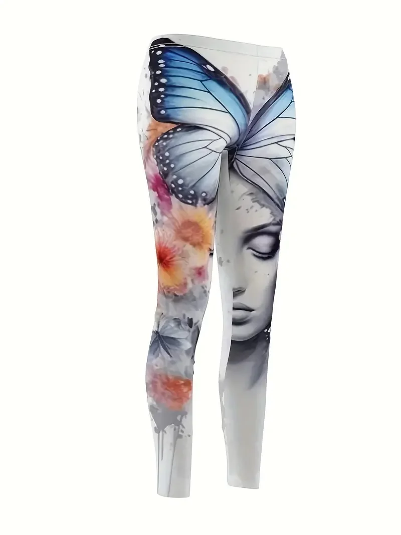 Butterfly & Women Print Casual Tight Stretch elastic waist Comfortable slim fit Work daily travel Wear women\'s leggings