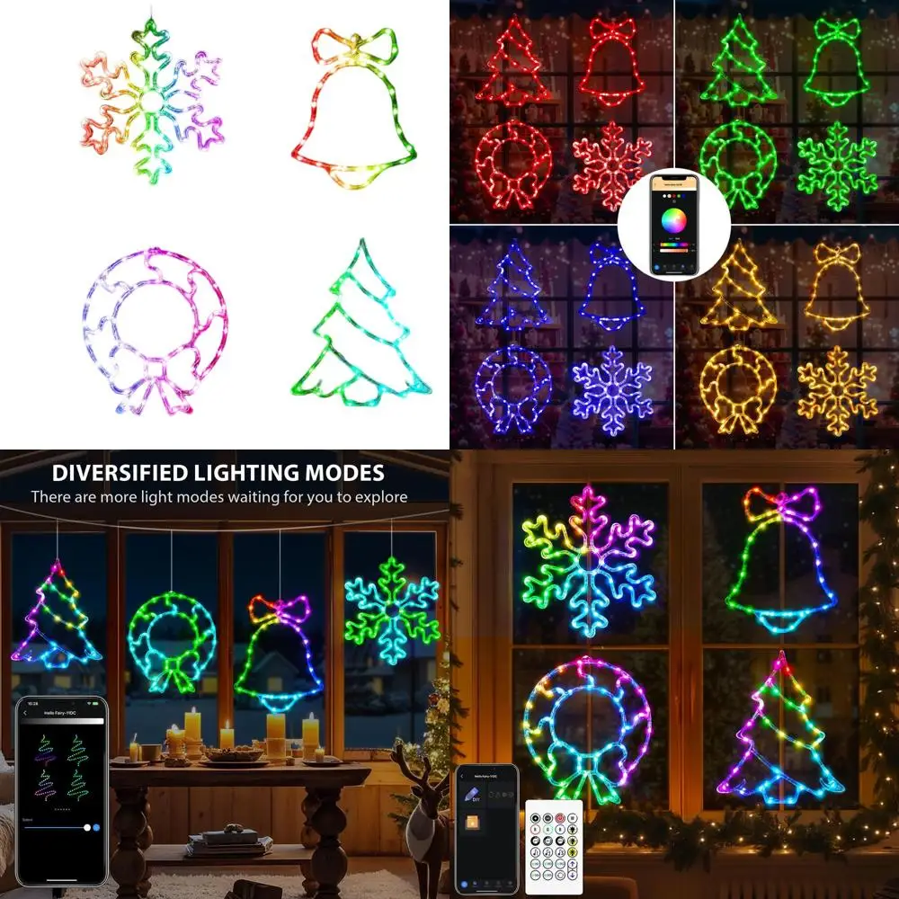 

Smart RGB Christmas Window Lights with App and Remote, 80+ Scene Modes, Timer, DIY Holiday Decor with Wreath, Snowflake, Bell, T