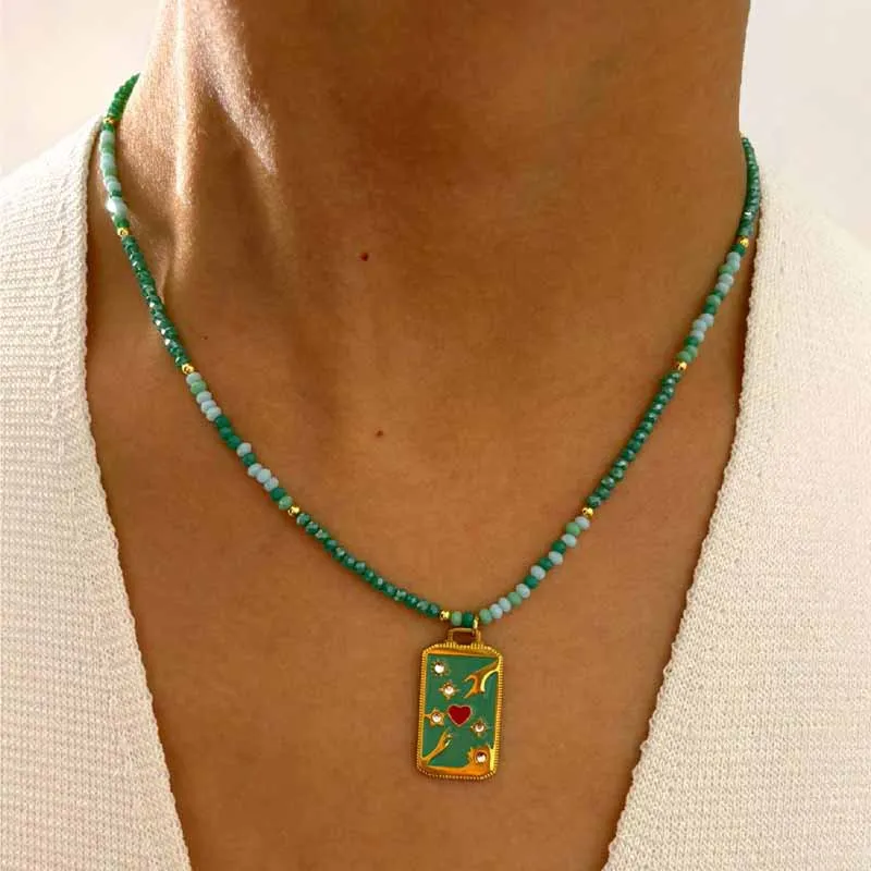 Loe | Colorful Dripping Square Necklace for Women and Girl Stainless Steel Rhinestone Jewelry French Style