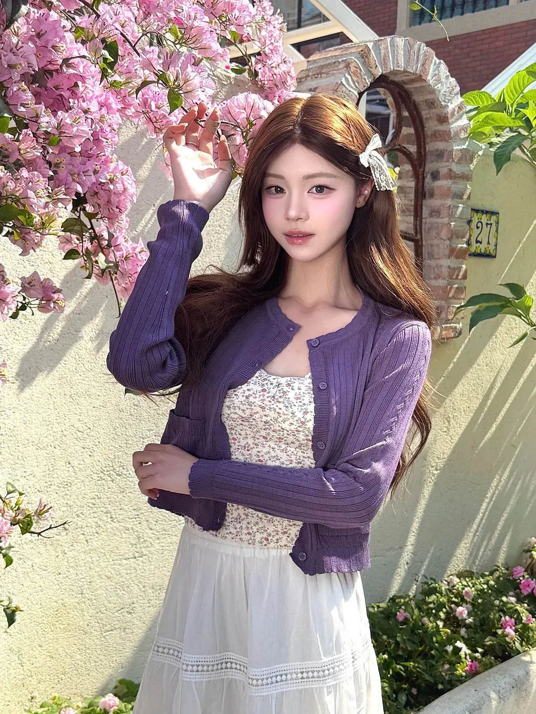 Spring Purple Knitted Sweater Women's Slim Fit Short Cardigan Casual Style Comfortable Soft Medium Thickness Long Sleeve