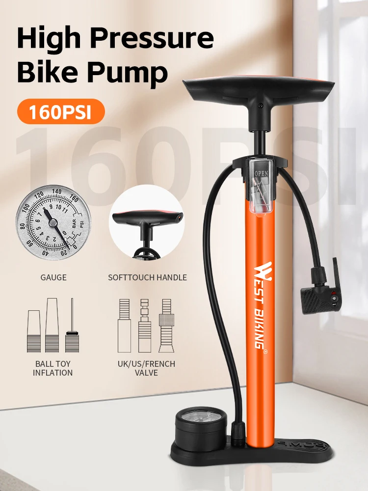 AliExpress West Biking WEST BIKING 160PSI Bike Pump With Gauge Portable Floor Pump For Schrader/Presta Valve Tire Inflator MTB Road Bike Accessories