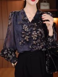 Spring Autumn V-neck Vintage Printed Long Sleeve Shirt Female Elegant Fashion All-match Pullover Blouse Womenoversized Blouse