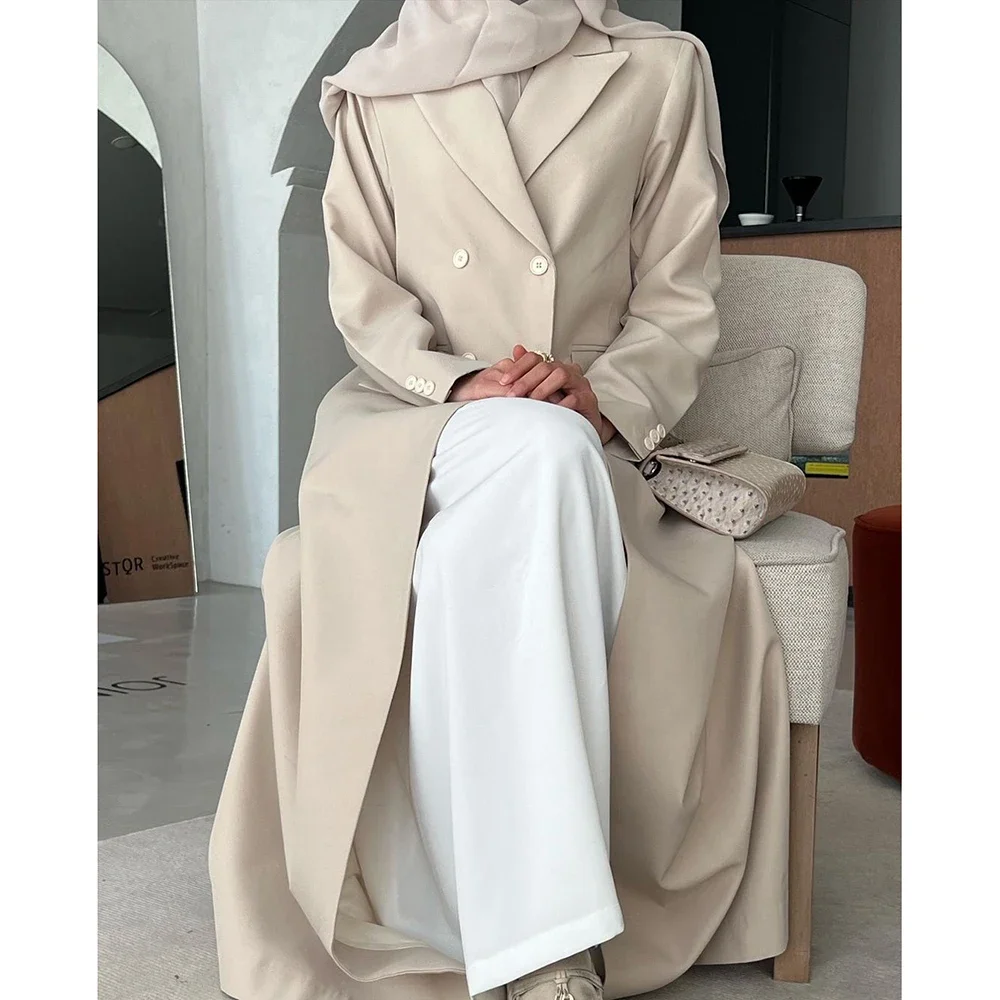 2024 Elegant Women Beige Double Breasted Clothing Peak Lapel Solid Color Blazers Suits Custom Made Muslim Abayas Blazer Suits