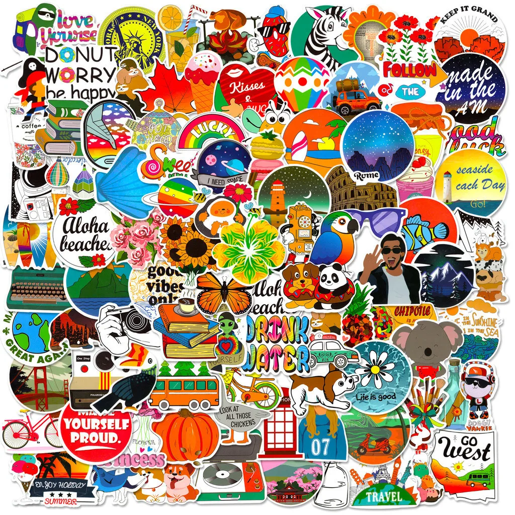 100/50 قطعة من ملصقات العلامات التجارية العصرية المختلطة - جرافيتي صغيرة مقاومة للماء للخوذات والدراجات وحقائب القلم الرصاص (متجر Anime Worlds)